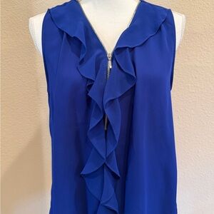 INC International Concepts Royal Blue Ruffle Front Blouse Size L